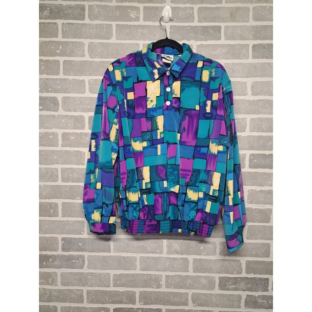 Tag Vintage 90s Moisac Print Button-Up  Shoulder Pads Waist Elastic Sweatshirt s